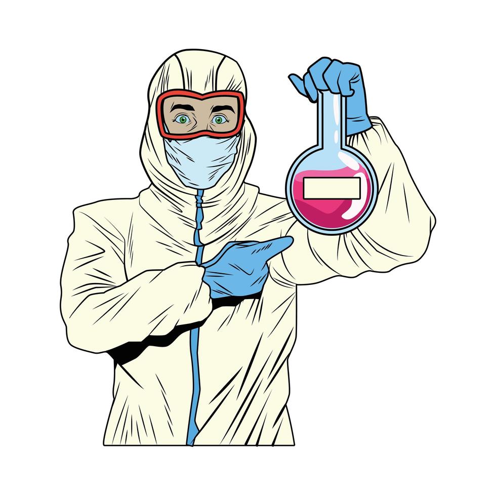 worker with biosafety suit lifting test tube vector