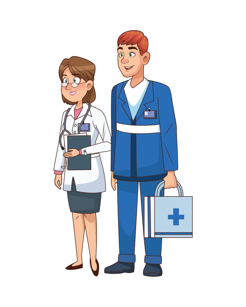 médicos profesionales y personajes de pareja de paramédicos. vector