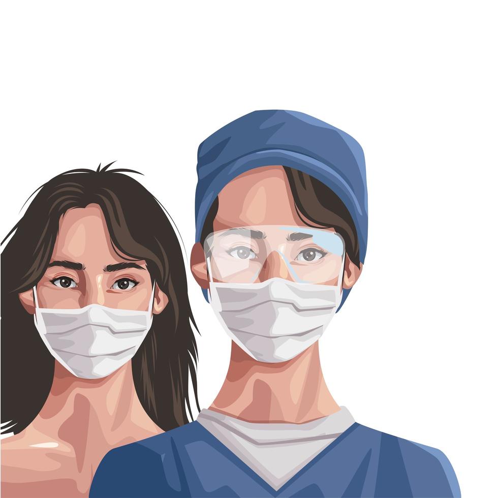 enfermera y mujer con mascarilla, protección covid19 vector