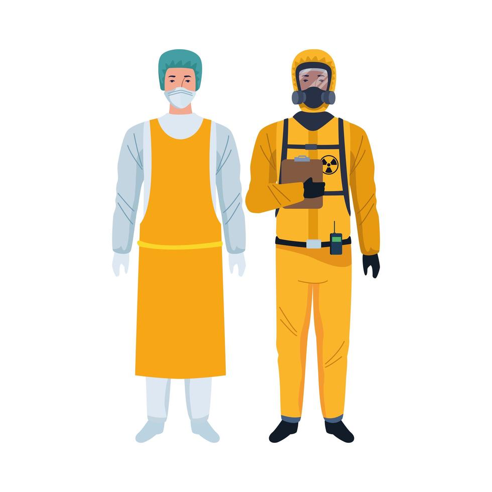 workers wearing biosafety suits characters vector
