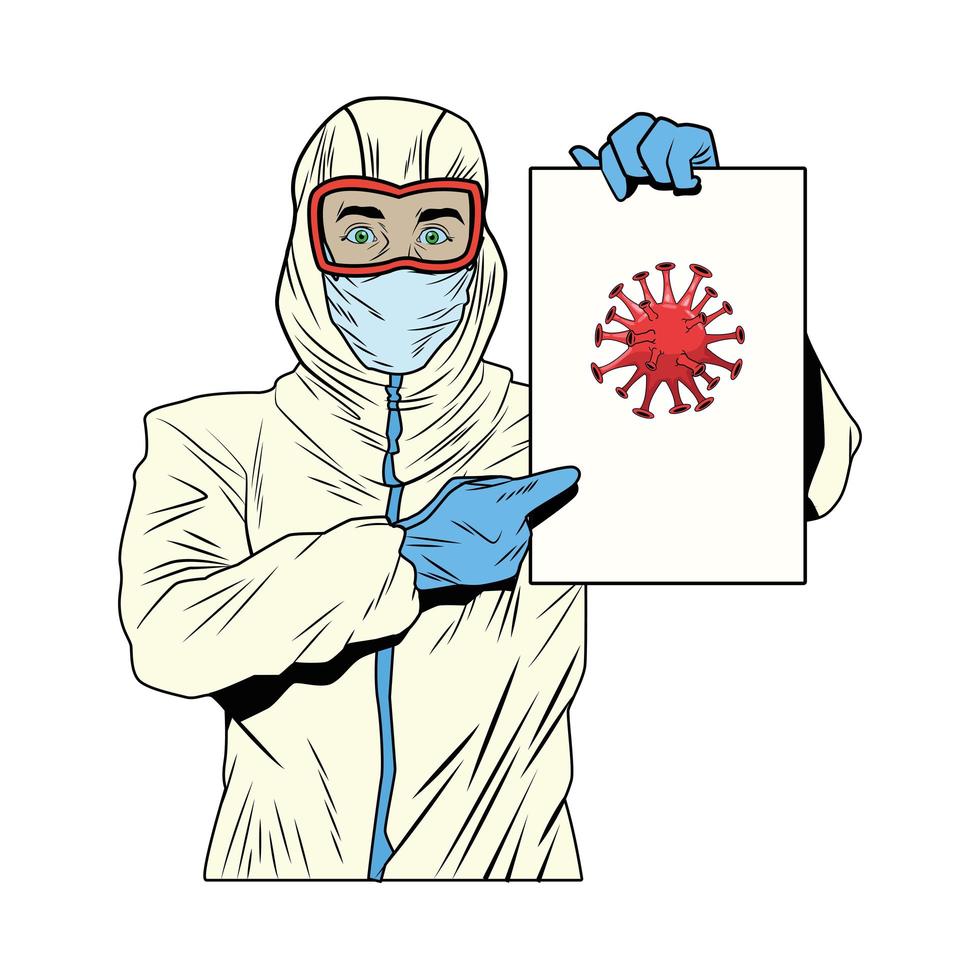 worker with biosafety suit lifting covid19 label vector