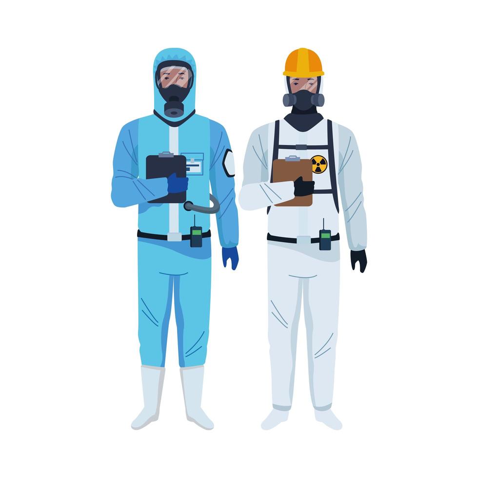 trabajadores con trajes de bioseguridad personajes vector