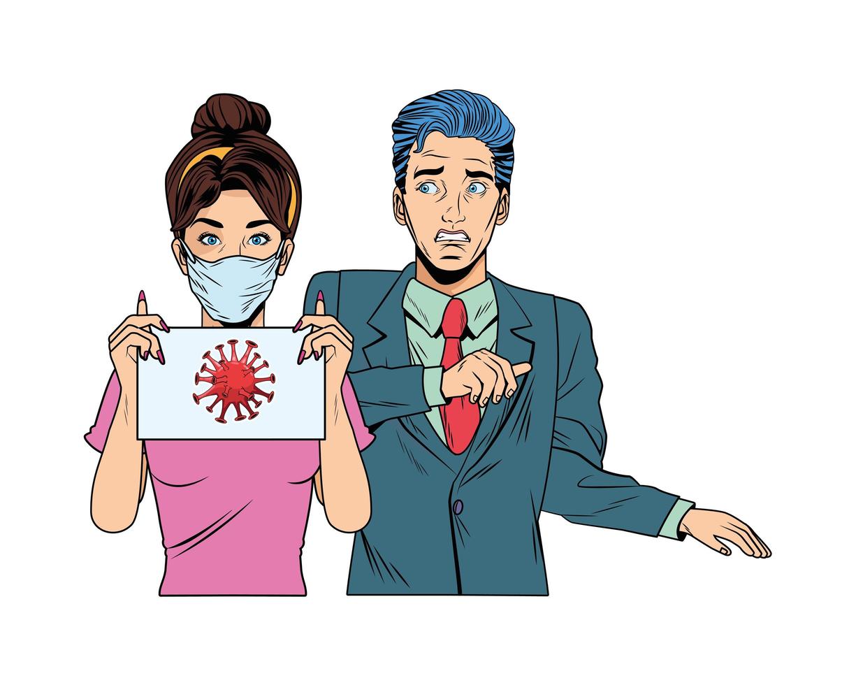 businessman and woman using face mask and covid19 label vector