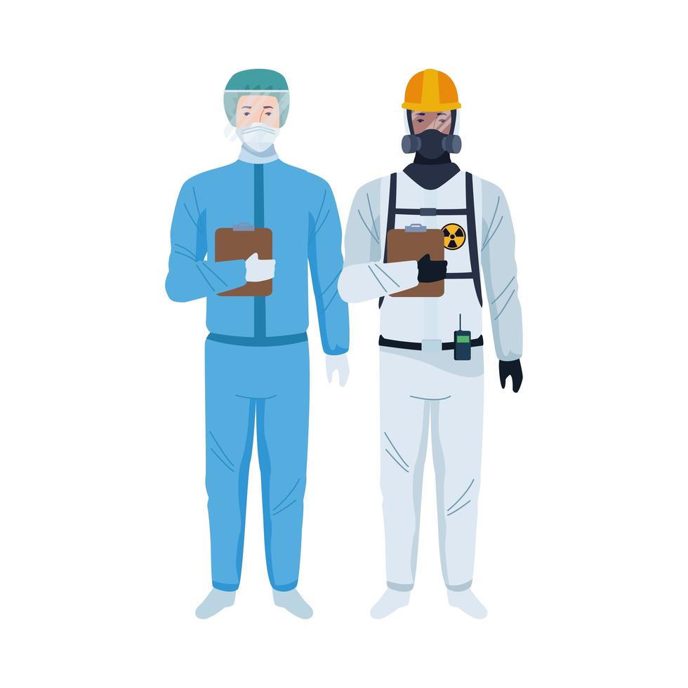 workers wearing biosafety suits characters vector