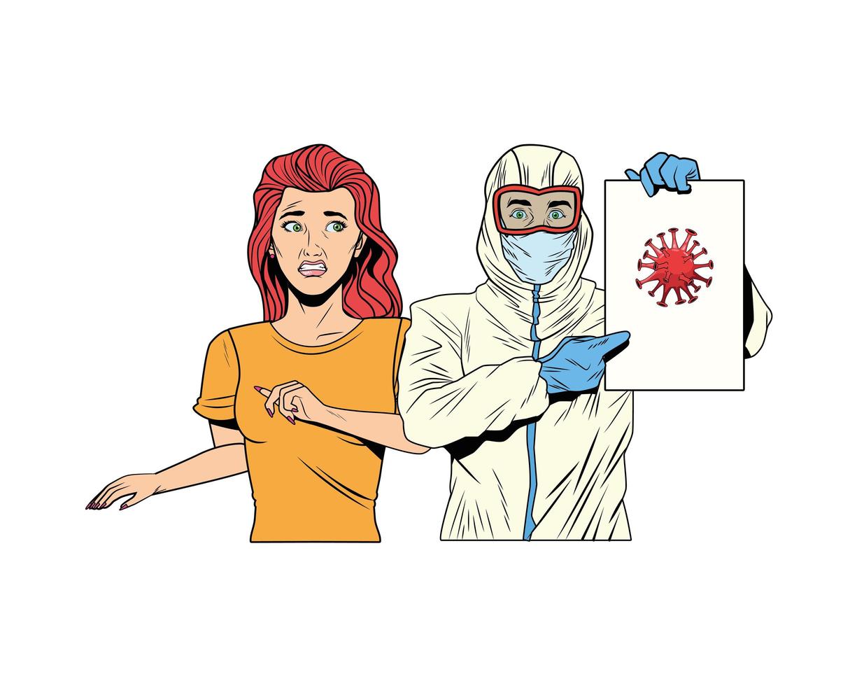 worker with biosafety suit and woman lifting covid19 label vector