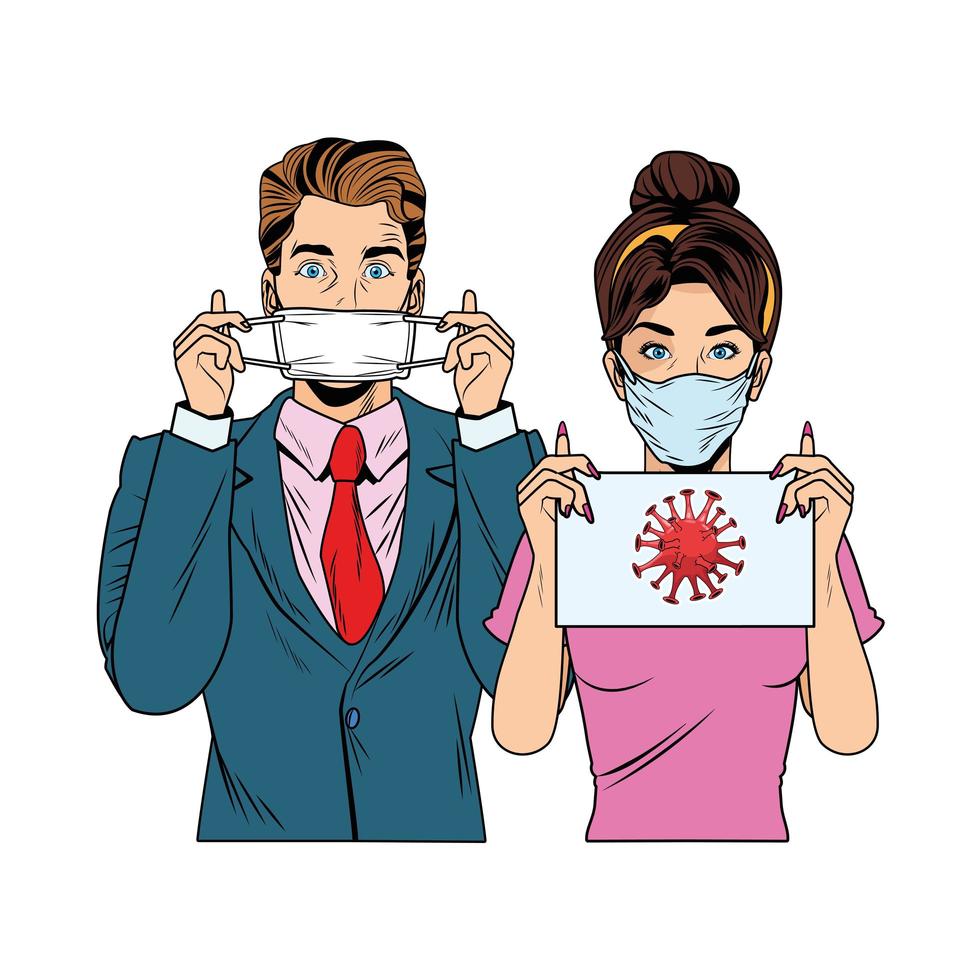 businessman and woman using face mask and covid19 label vector