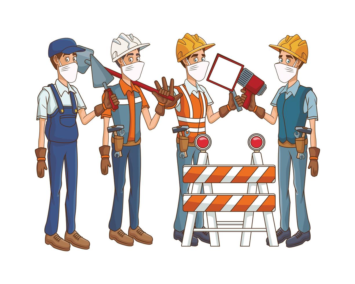 construction workers using medical masks and tools vector