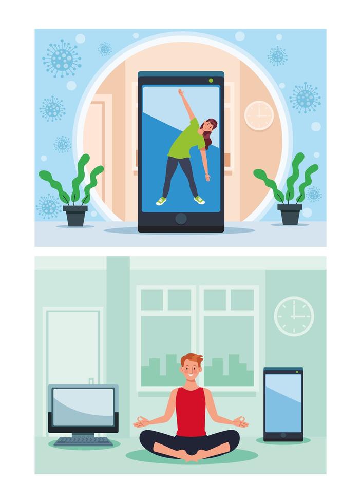 pareja practicando ejercicio en línea para cuarentena vector