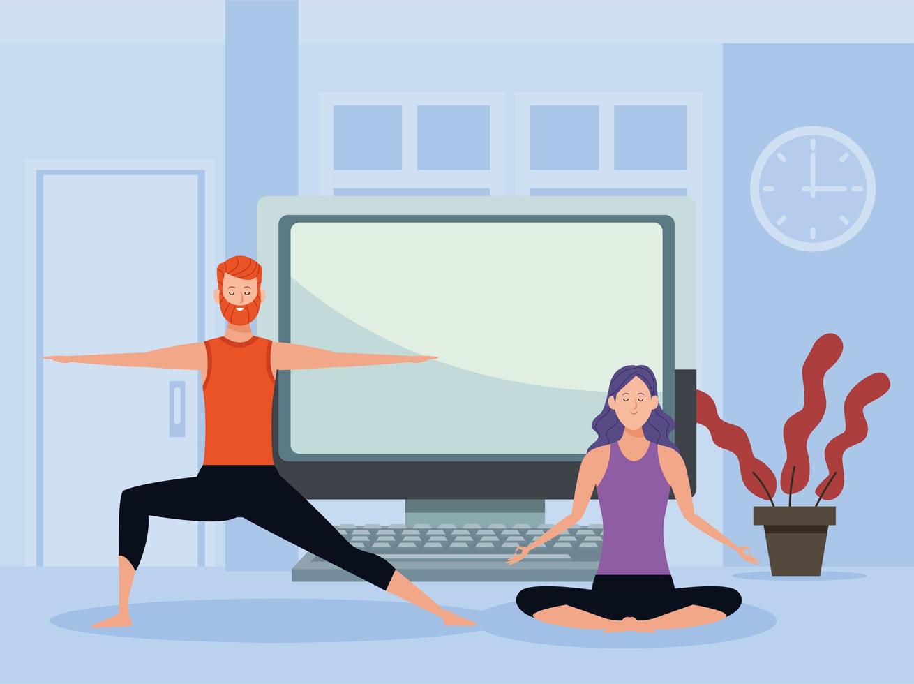 couple practicing online exercise and yoga for quarantine vector