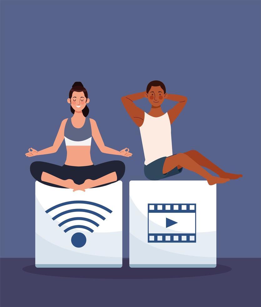 interracial couple practicing online exercise and yoga for quarantine vector