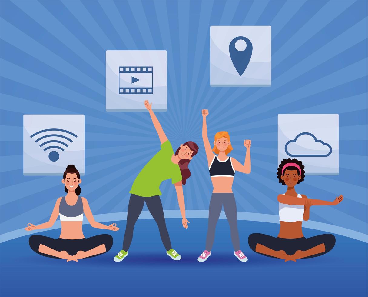 interracial people practicing online exercise and yoga for quarantine vector