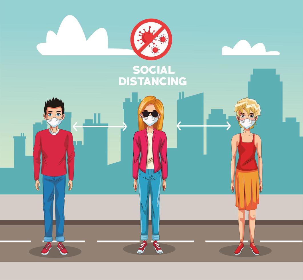 people using face masks in the road vector