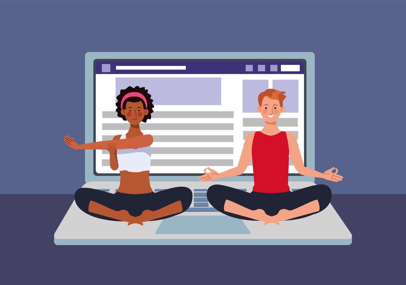 pareja practicando yoga online para cuarentena vector