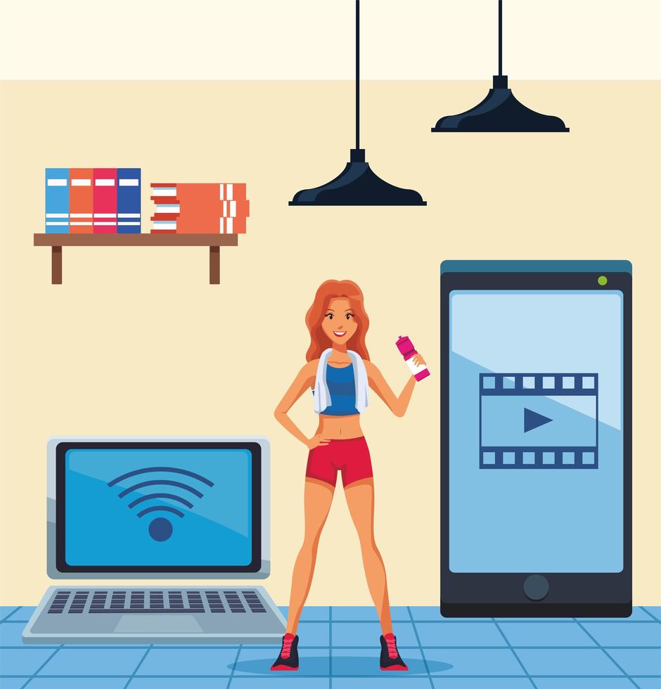young woman practicing online exercise for quarantine vector