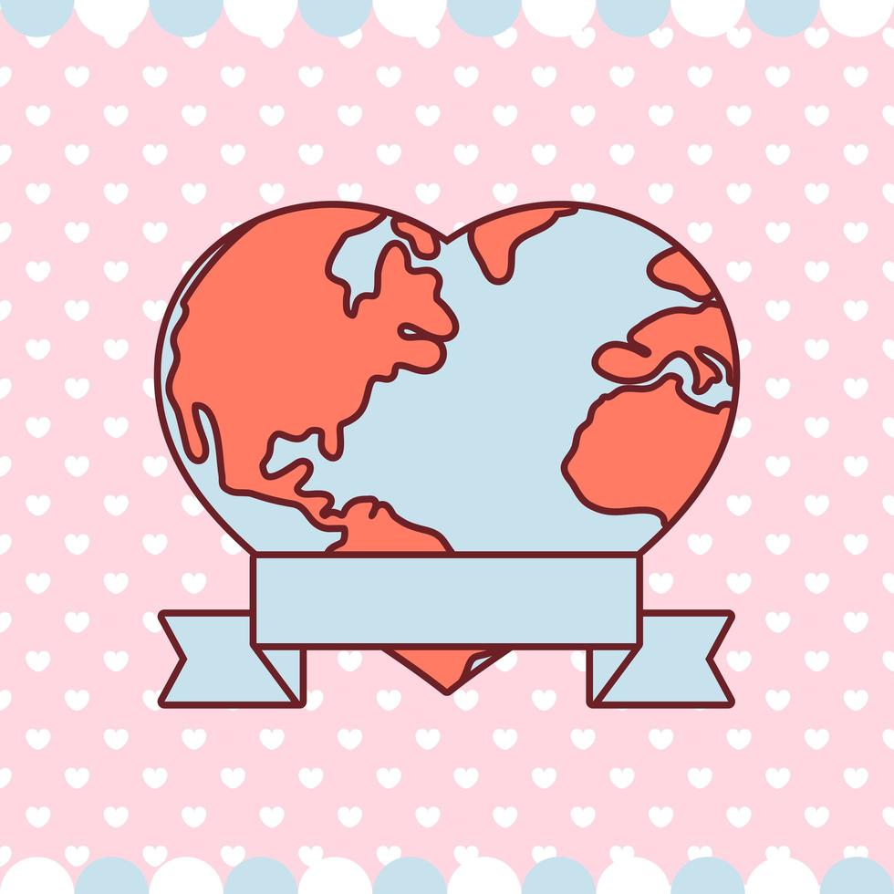 Valentines day world in a heart shape with ribbon vector design