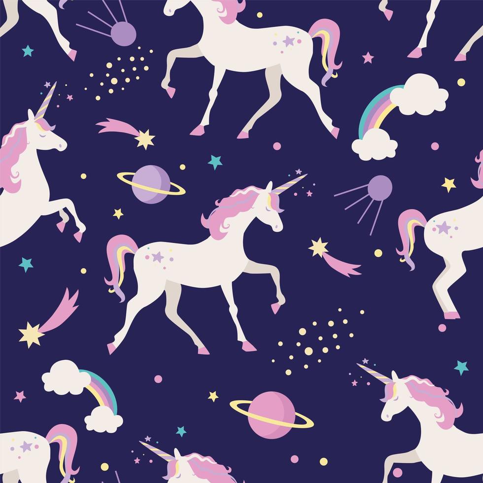 Seamless pattern with space, planets, stars and unicorns. vector