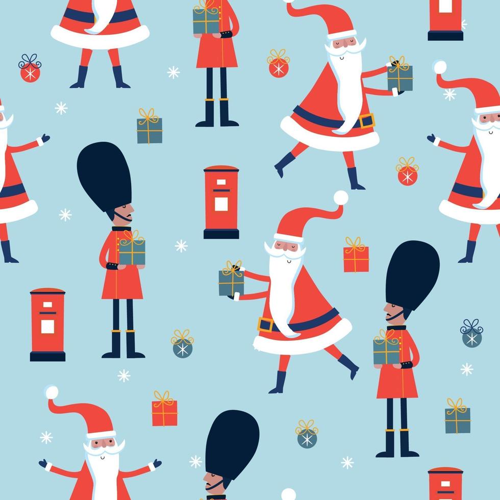 Christmas seamless pattern with English guardsman, Santa, mail box. vector