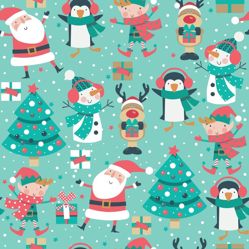 Christmas cartoon characters seamless pattern with tree, Santa Claus, elf and snowman on winter snowflakes background vector