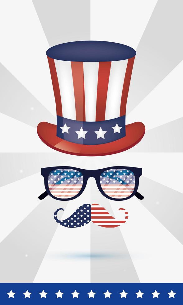 4th of July celebration design with hat, glasses, and mustache vector