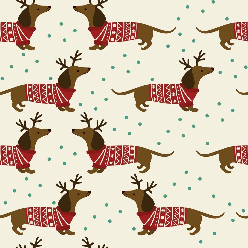 Seamless Christmas pattern with dachshunds wearing clothes, horns and snowlakes. vector