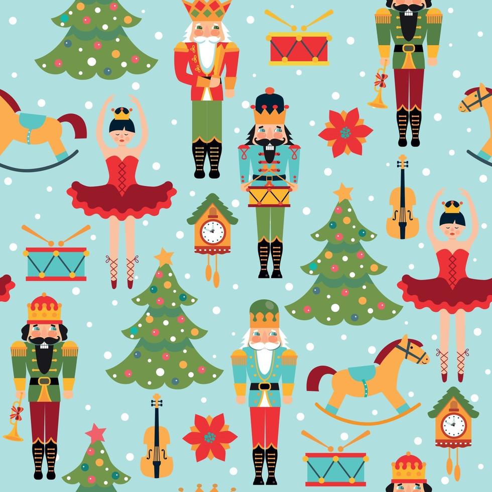 Navidad de patrones sin fisuras con árbol, reloj, bailarina, violín, cascanueces y tambor. vector
