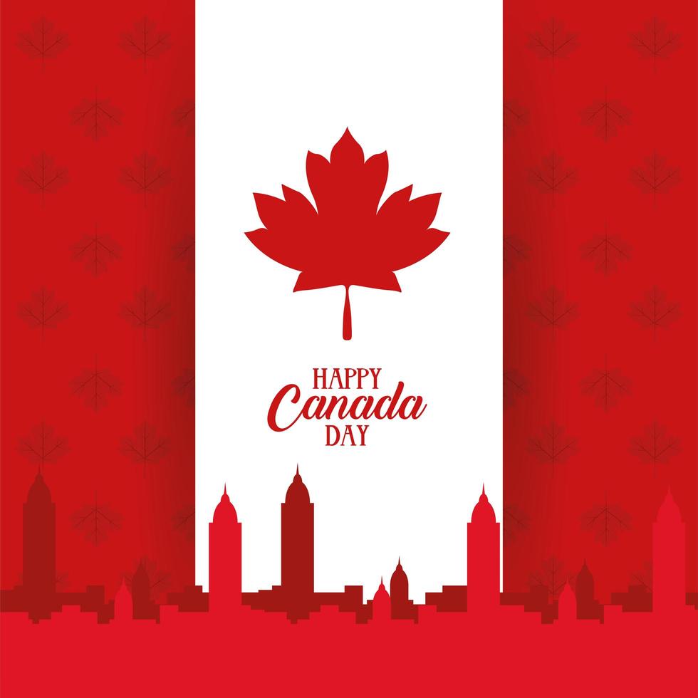 tarjeta de celebración del día de canadá con bandera y paisaje urbano vector