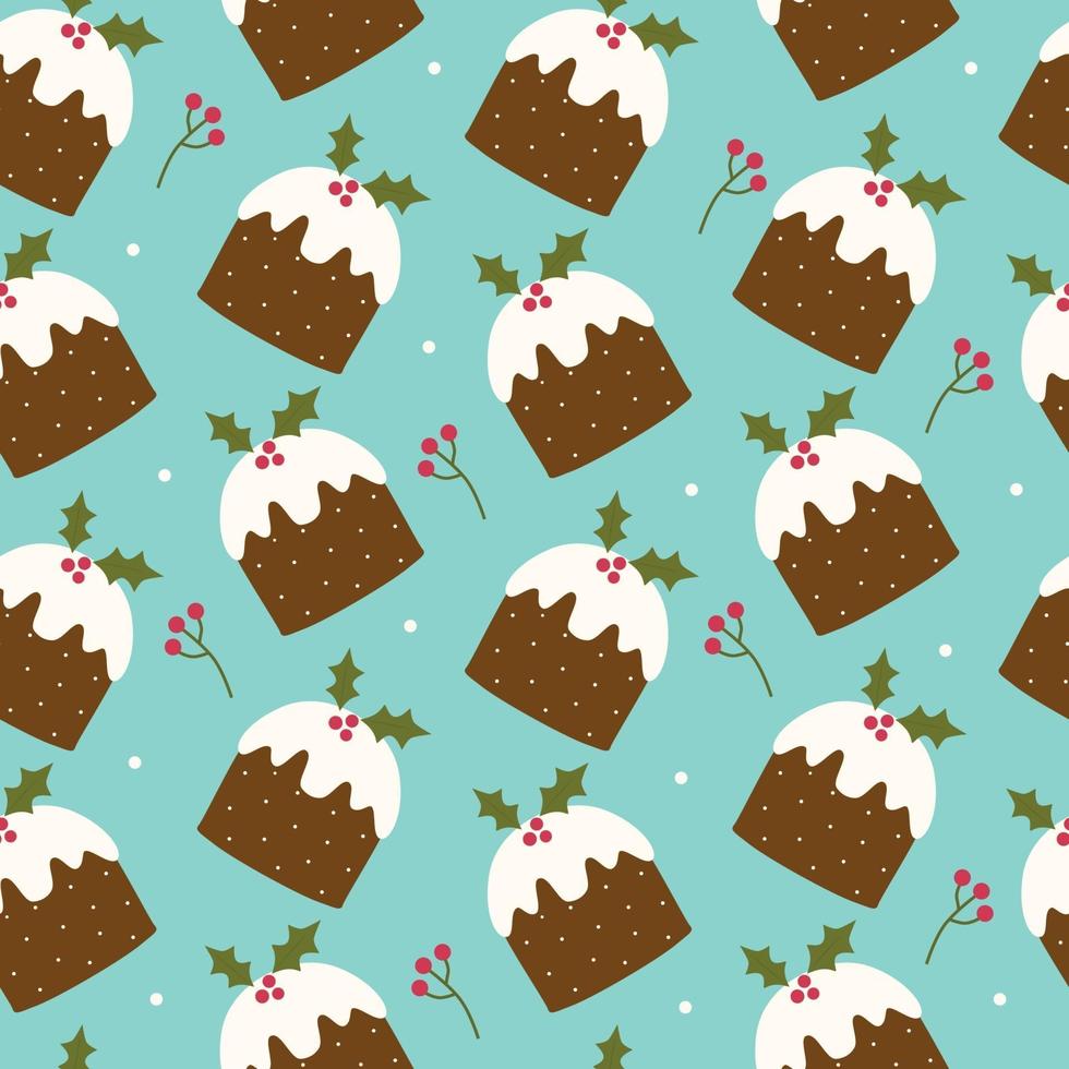 Christmas seamless pattern with plum traditional pudding and berries. vector