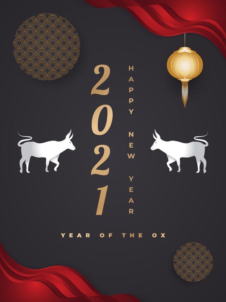 Happy Chinese New Year 2021 year of the ox. Chinese greeting card decorated with silver ox and gold lanterns on a dark background vector