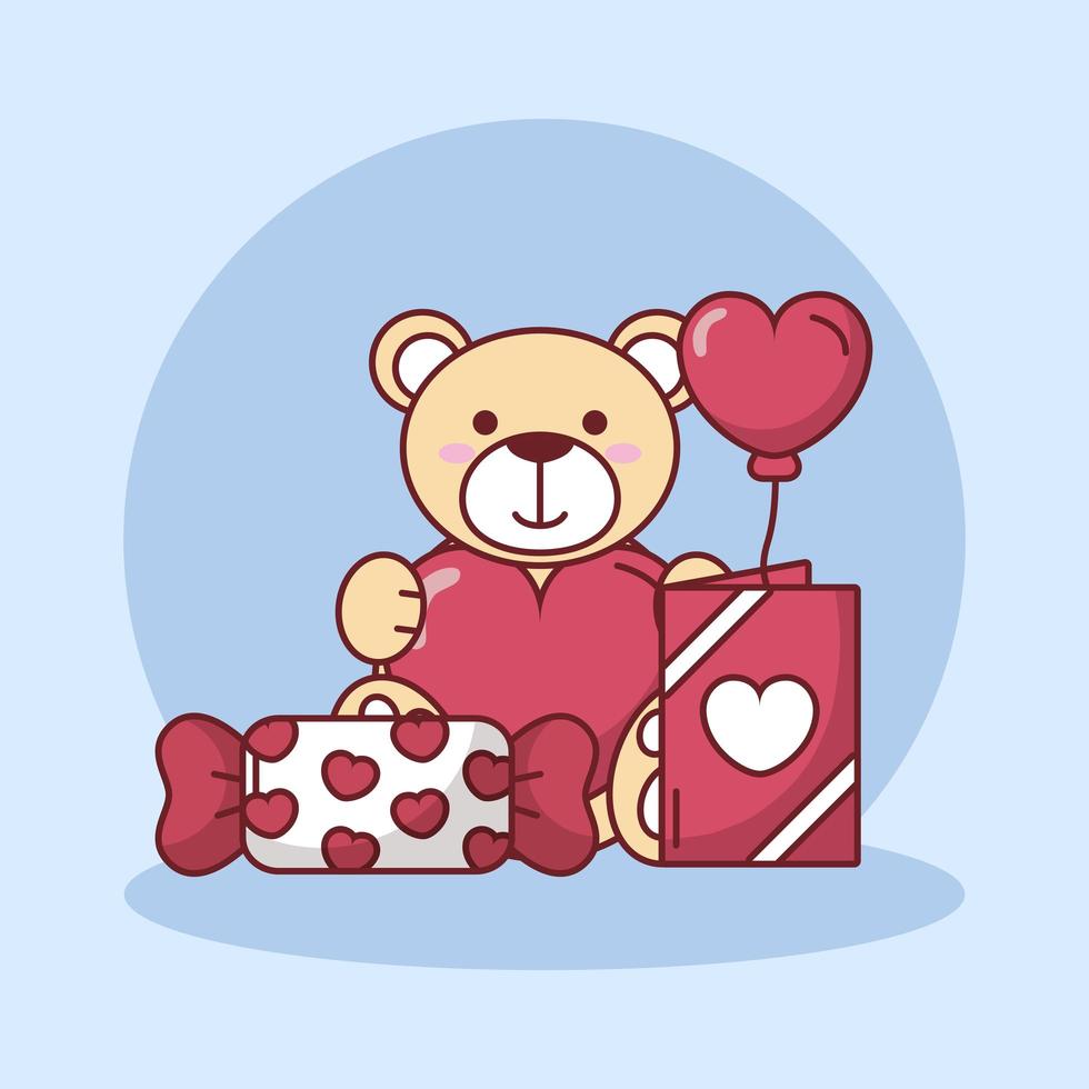 Oso de peluche del día de San Valentín con globo de corazón y diseño vectorial de dulces vector