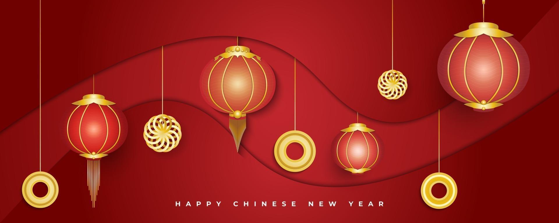 Happy Chinese new year banner with lanterns and gold ornaments on abstract red background vector