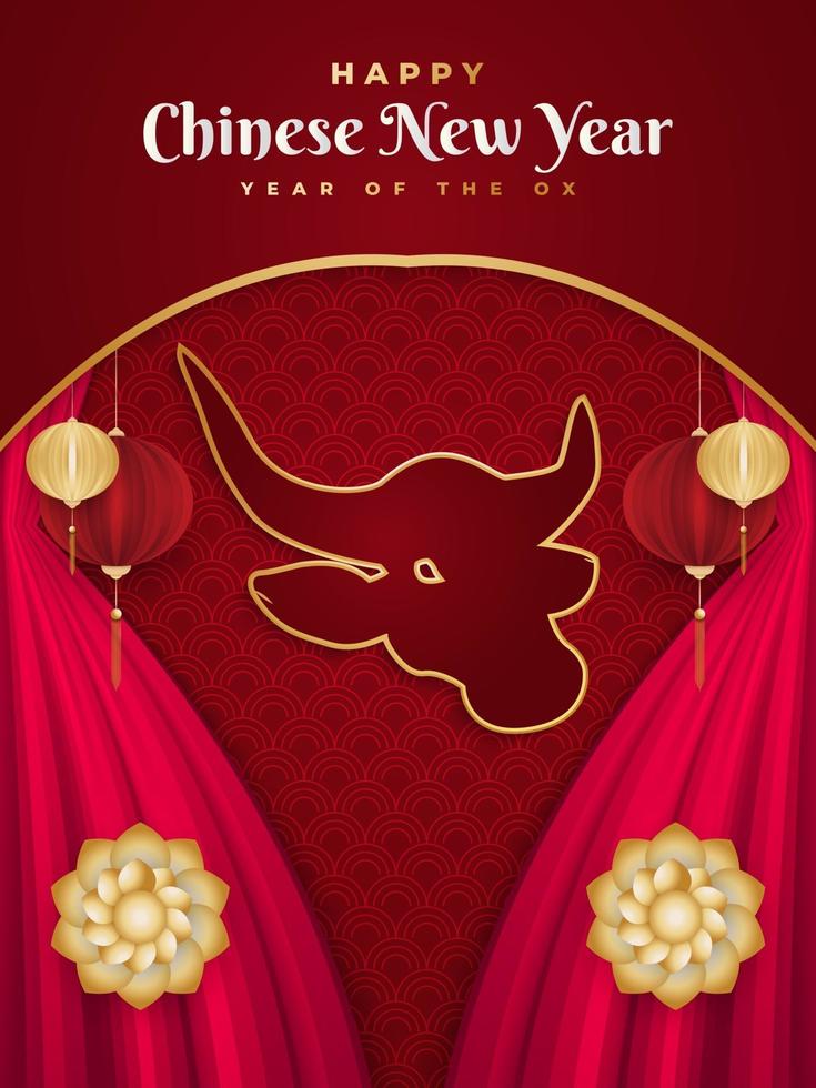 Happy Chinese New Year 2021 year of the ox. Chinese greeting card decorated with golden ox head, lanterns and red curtains on red paper background vector