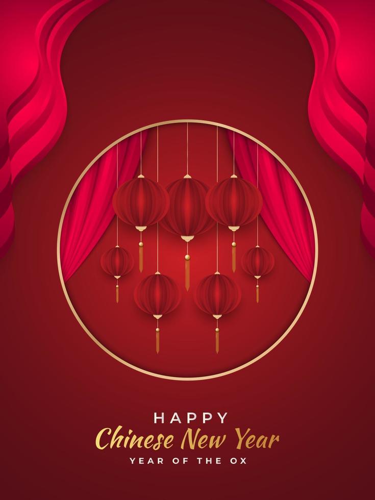 Chinese New Year greeting card or poster with red and gold lanterns in paper cut style on red background vector