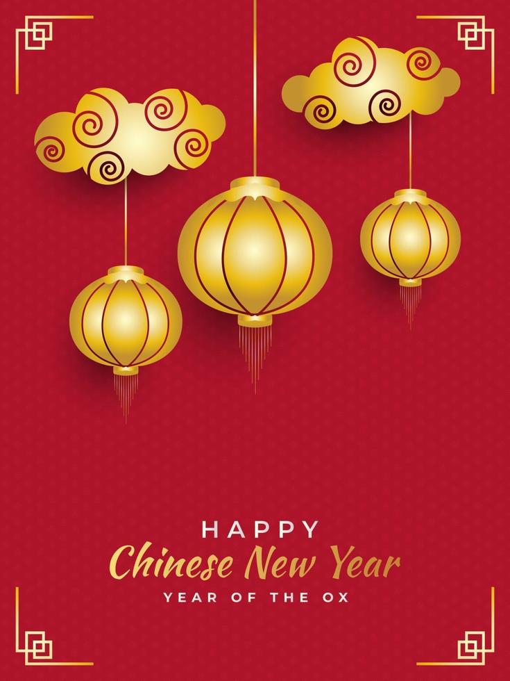 Happy Chinese New Year poster or banner with golden clouds and lanterns in paper cut style on red background vector