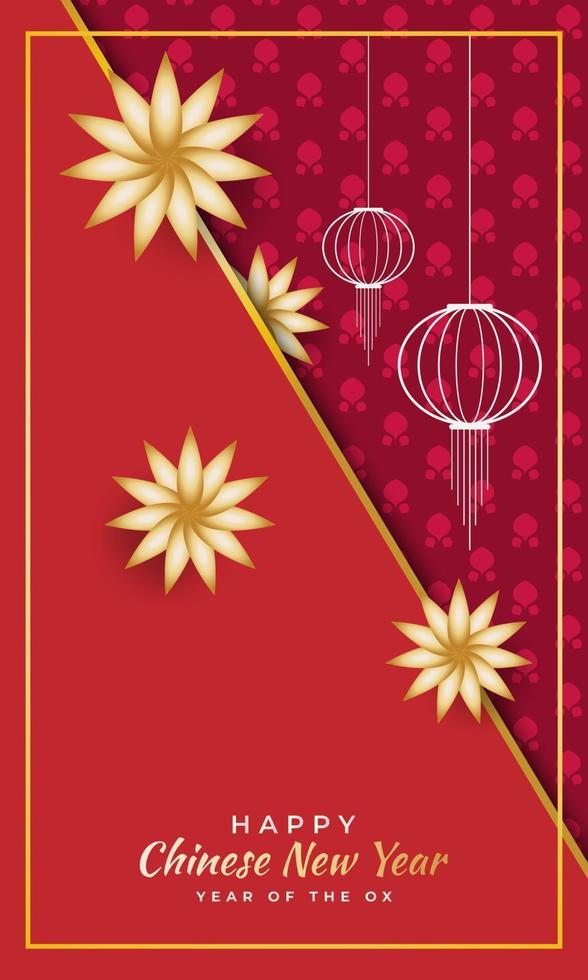 Feliz año nuevo chino 2021 pancarta o póster con flores doradas en estilo de corte de papel sobre fondo rojo vector