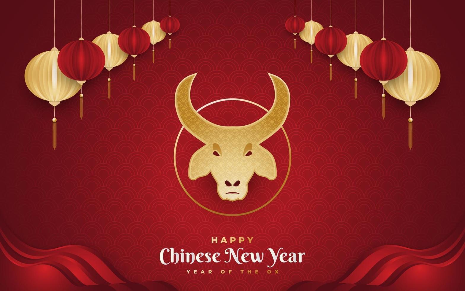 Happy Chinese New Year 2021 year of the ox. Chinese new year banner decorated with golden ox head and golden lanterns on red paper background vector