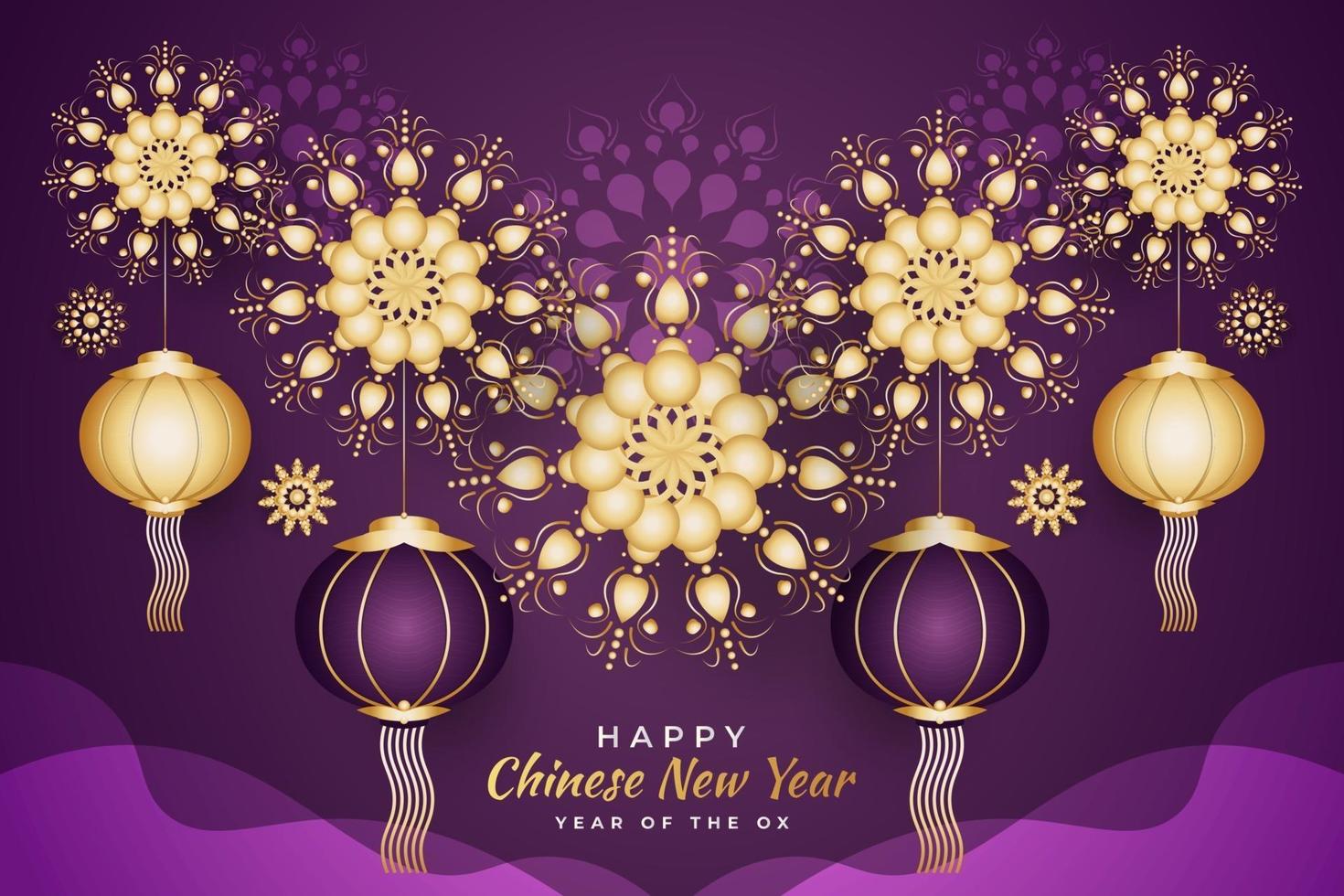 Chinese new year greeting banner or poster with lanterns and golden mandala. Lunar new year 2021 vector