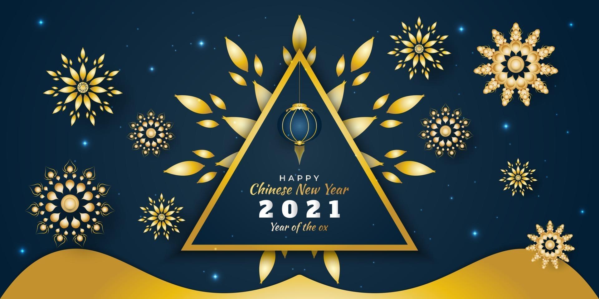 Feliz año nuevo chino 2021 banner con flores doradas esparcidas sobre fondo azul. vector