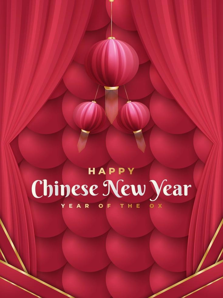 Tarjeta de felicitación de año nuevo chino o póster con linternas rojas y cortinas sobre fondo de bola roja vector