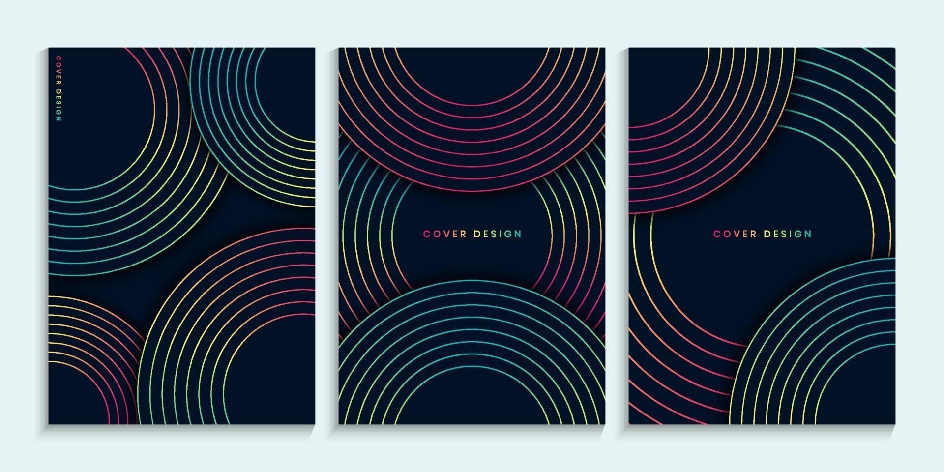 Dark covers design with linear colorful circles vector