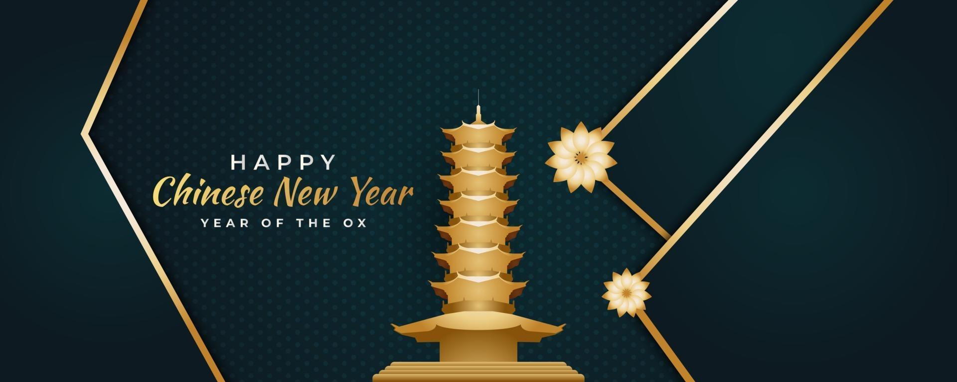 Feliz año nuevo chino 2021 banner con pagoda dorada sobre fondo de corte de papel azul vector