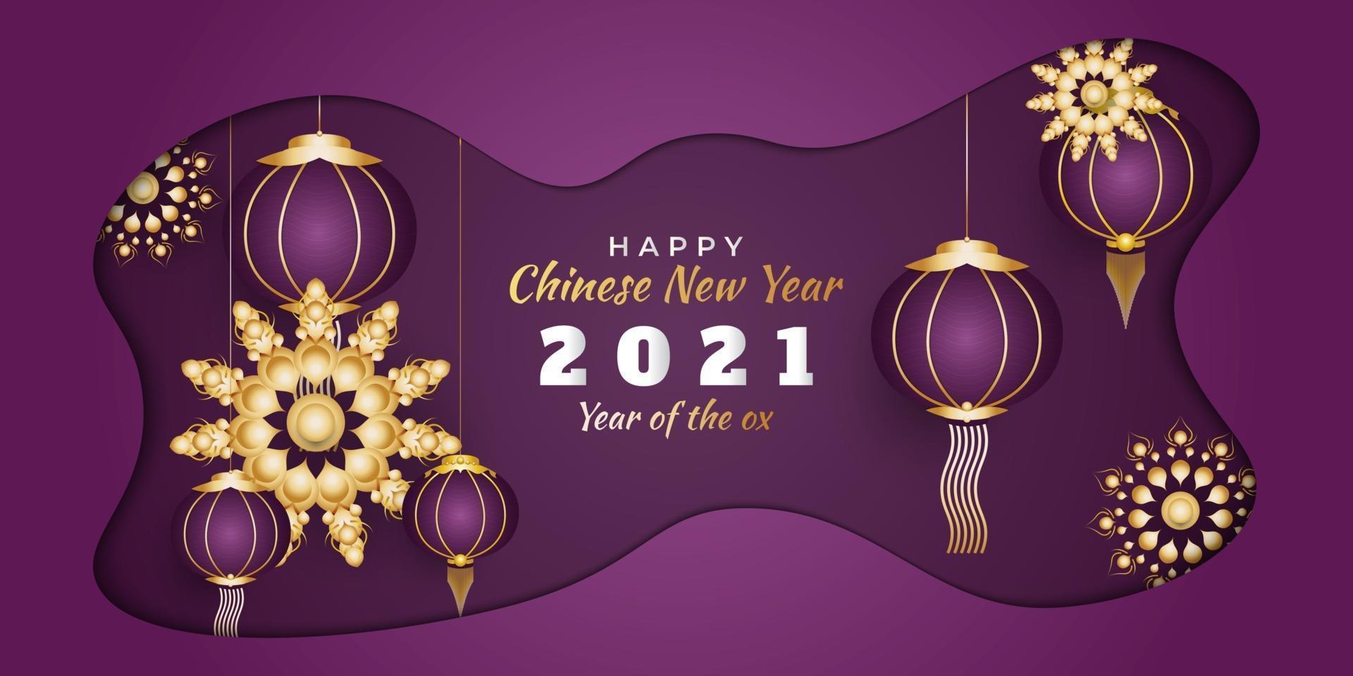 Feliz año nuevo chino 2021 banner con mandala dorado y linterna sobre fondo morado en estilo de corte de papel vector