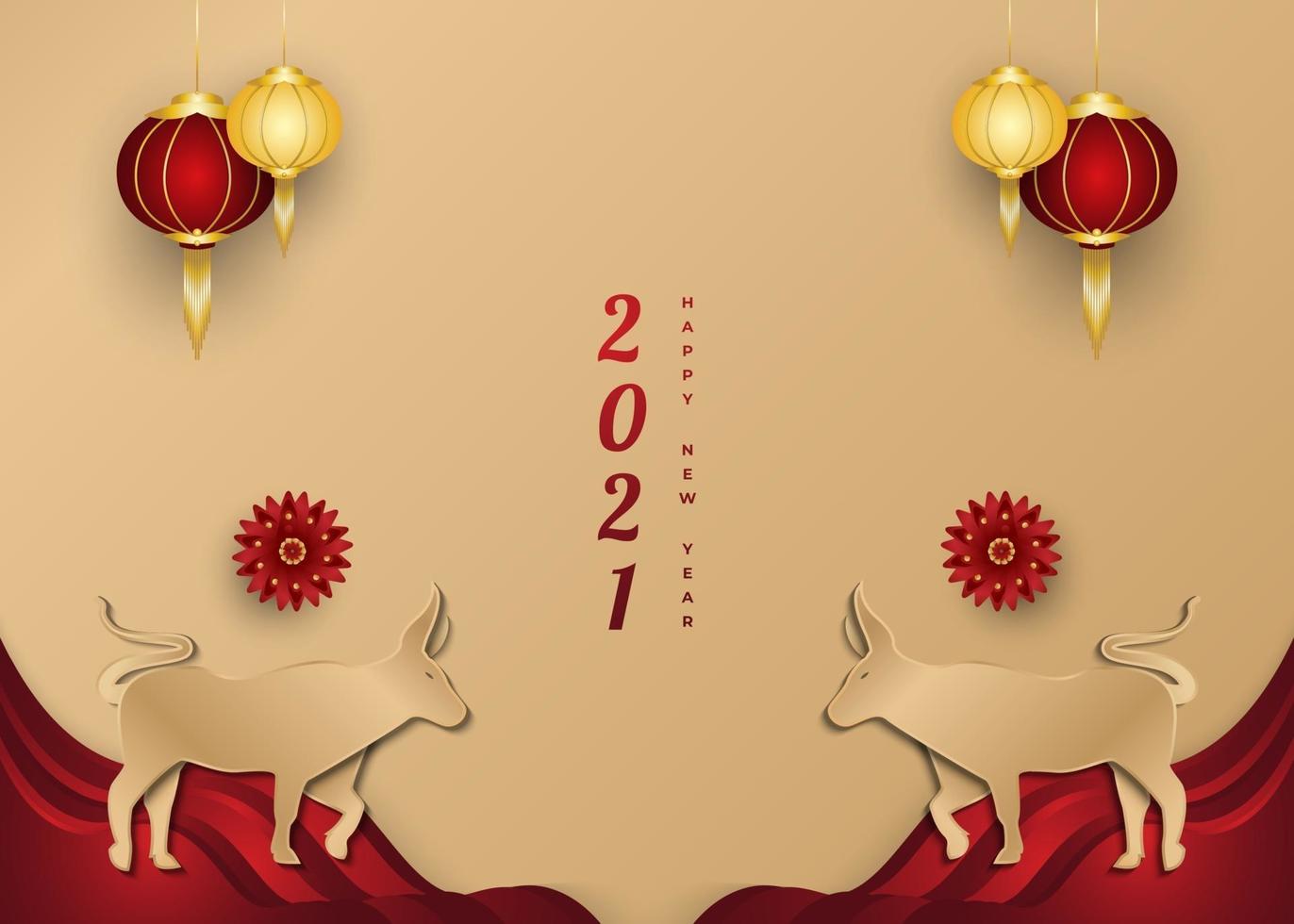 Chinese new year 2021 greeting banner with golden ox and lantern on paper cut background vector
