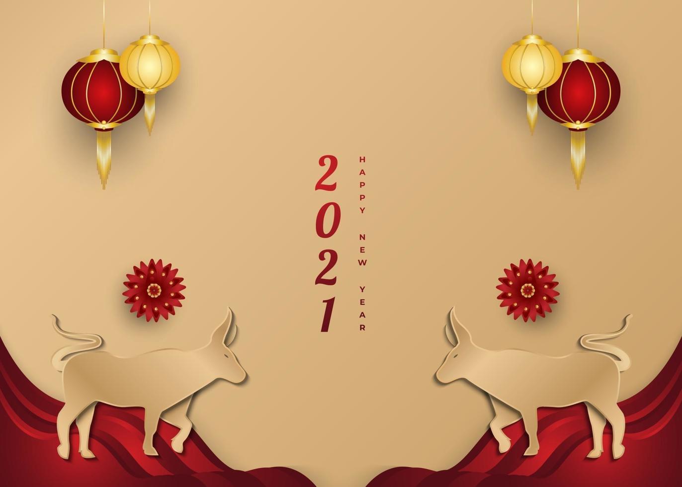 Banner de saludo de año nuevo chino 2021 con buey dorado y linterna sobre fondo de papel cortado vector