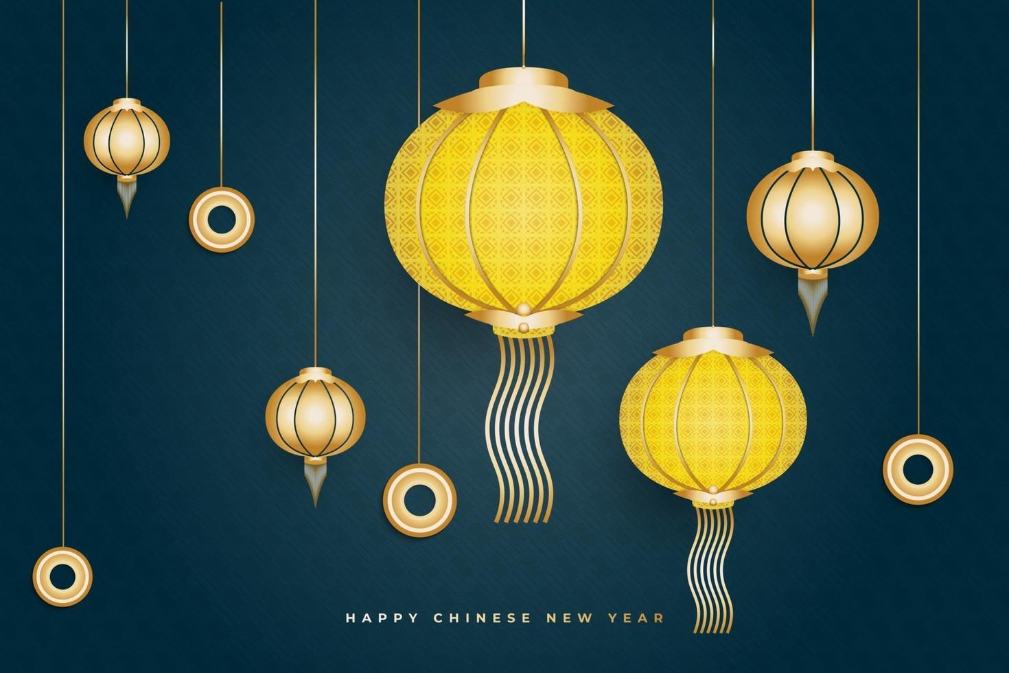 Happy Chinese New Year banner or poster with elegant gold and yellow lanterns on blue background vector