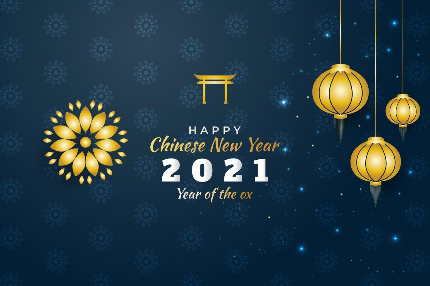 Feliz año nuevo chino banner con puerta dorada y linternas sobre fondo azul con patrón de mandala vector