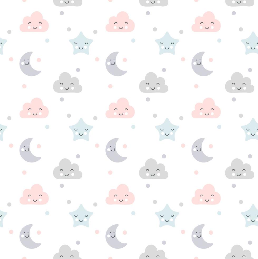 Cute vector clouds, moon, and stars seamless pattern sleep in scandinavian style isolated on white background for kids. Hand drawn cartoon illustration for nordic poster, card, fabric, children book.