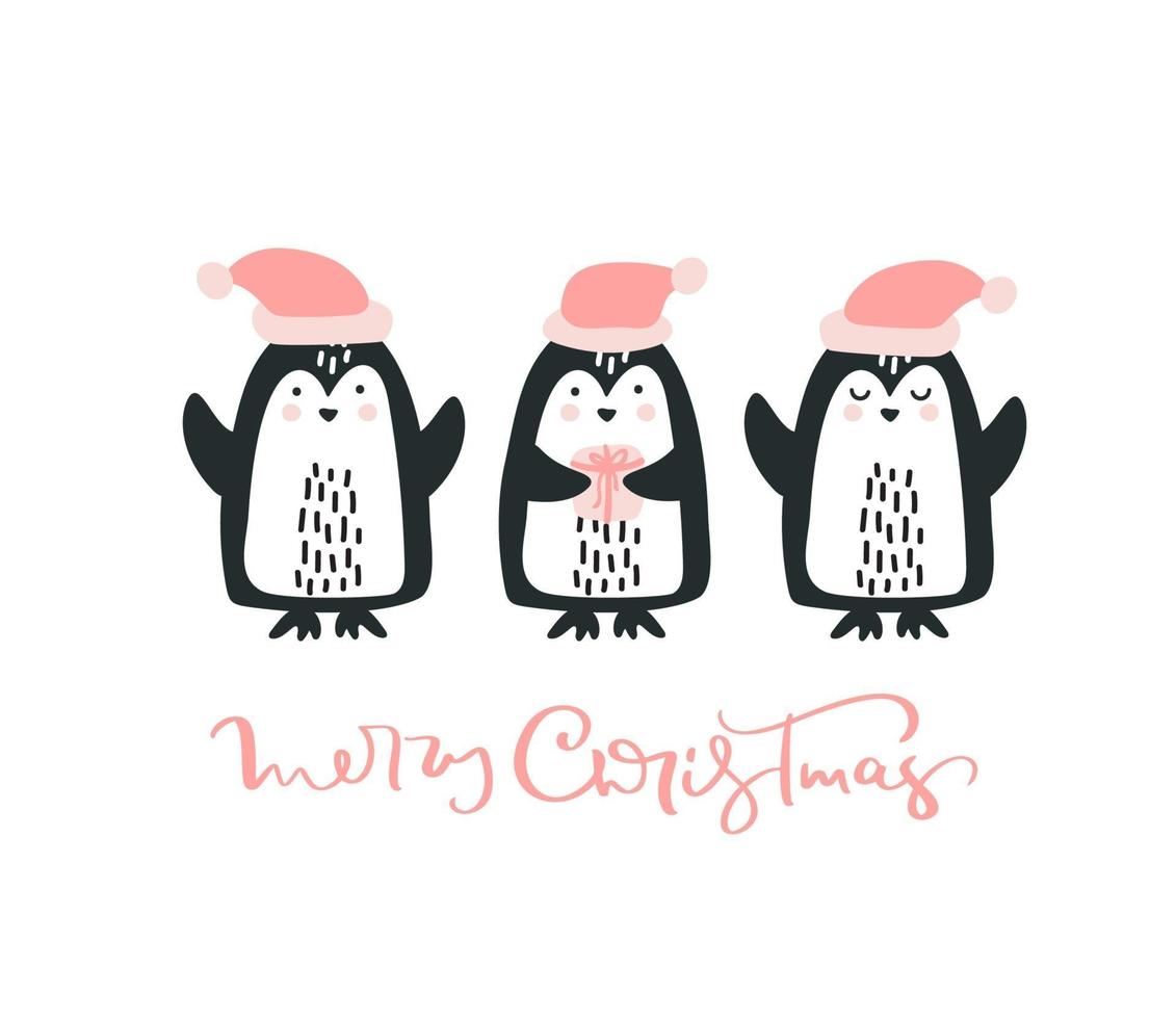 tarjeta de felicitación navideña con pingüinos y texto feliz navidad. disfruta el invierno. plantilla para saludo scrapbooking, felicitaciones, invitaciones. vector