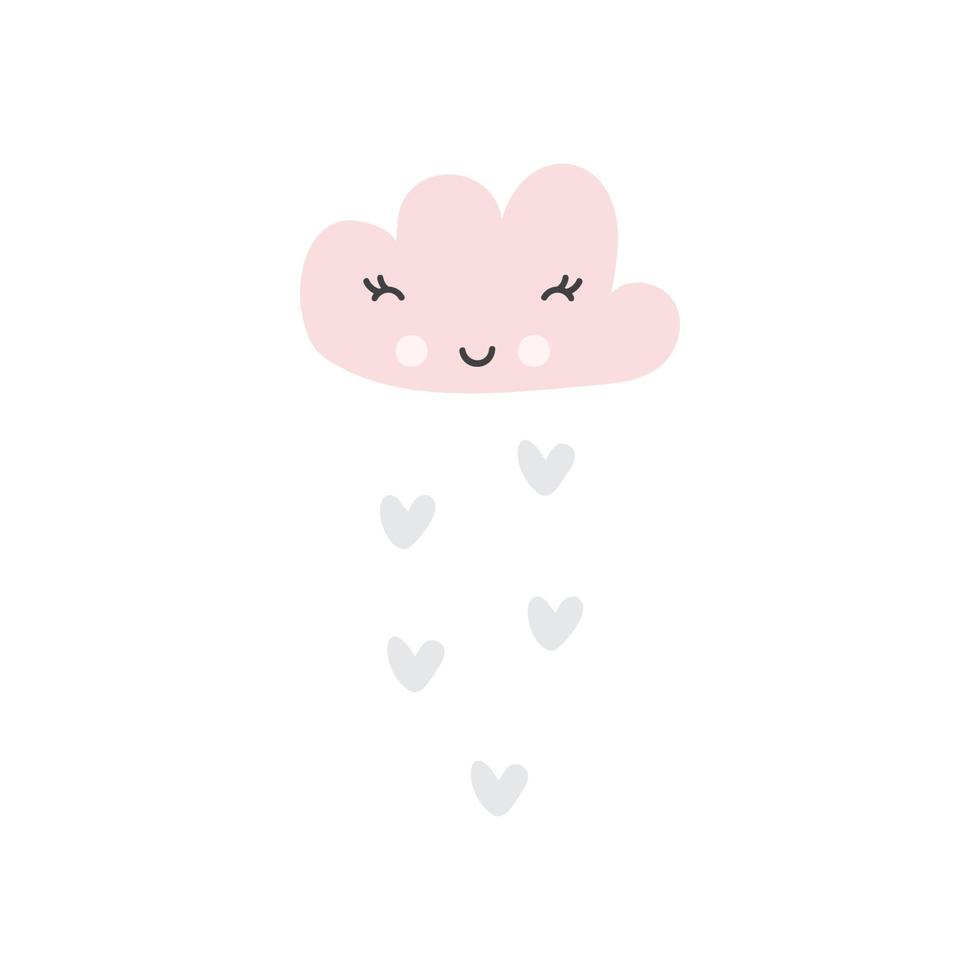 Vector cartoon illustration with cute sleeping cloud and rain of hearts. Scandinavian style nursery art. Valentines Day card.