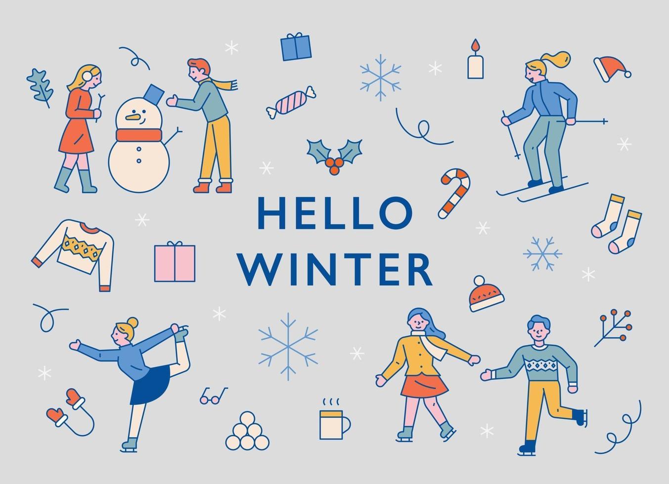 personas e iconos que disfrutan del invierno. vector