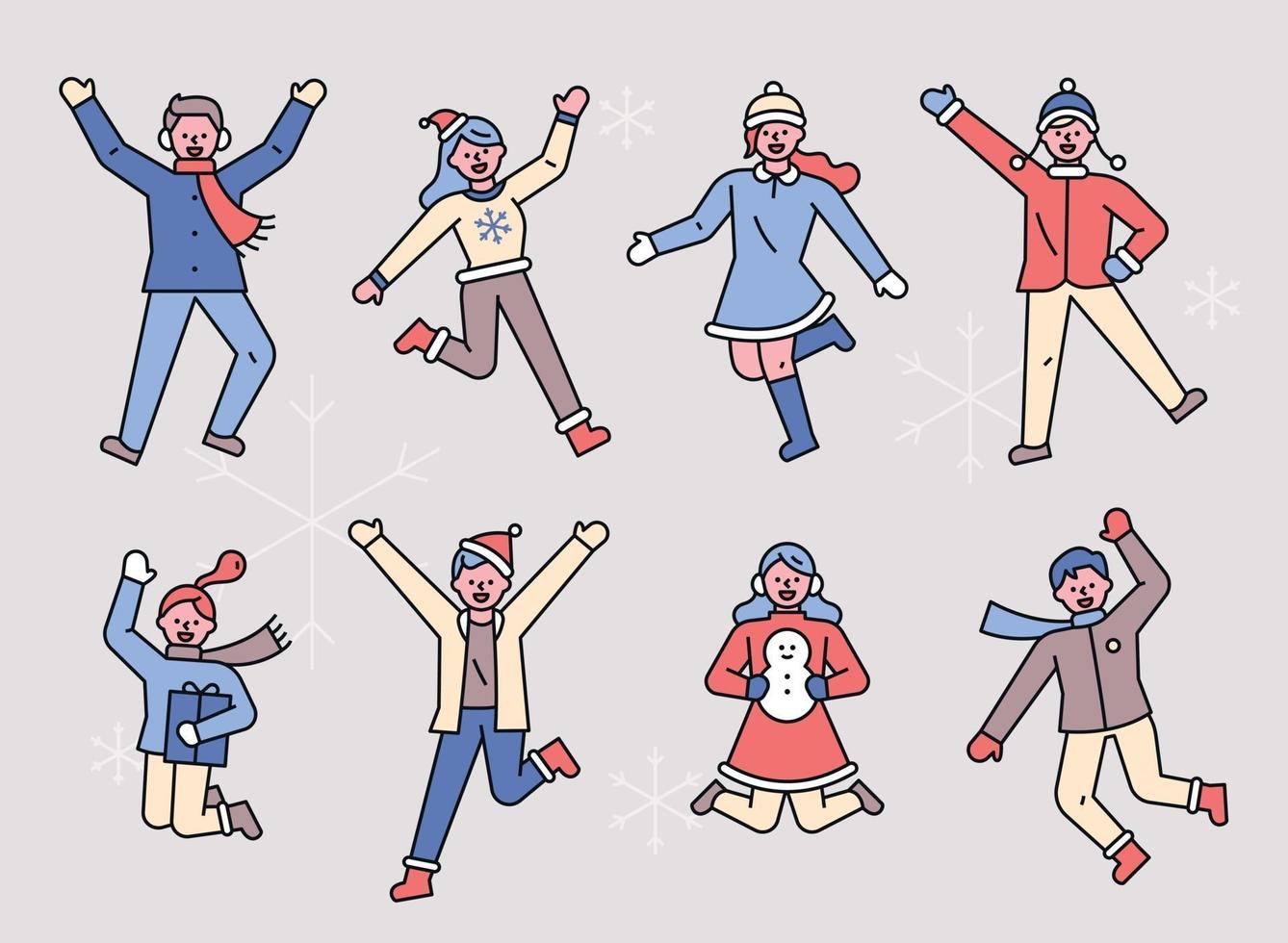 People jumping in winter clothes. vector